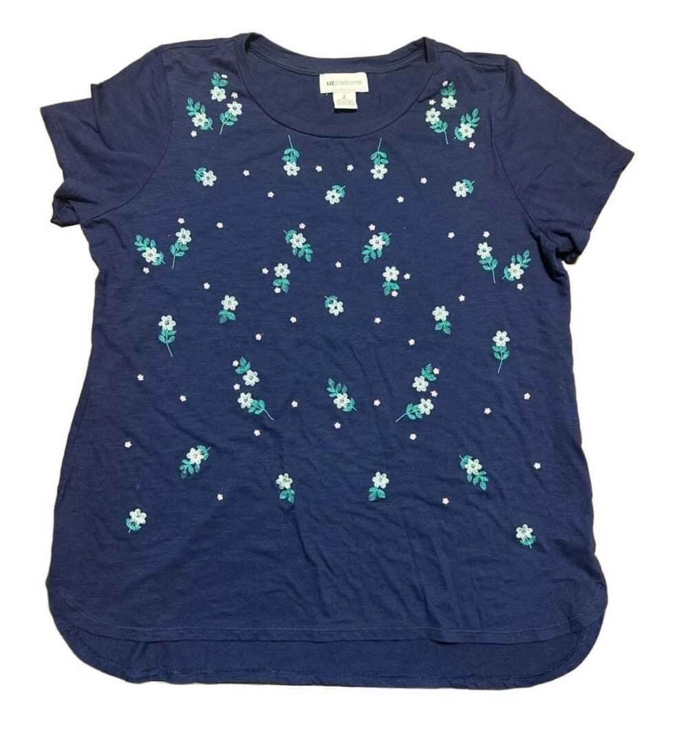 Liz Claiborne Navy Blue Floral Embroidered Short Sleeve T-Shirt Size L